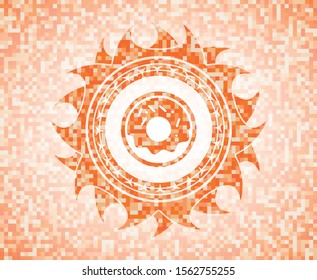 donut icon inside abstract emblem, orange mosaic background