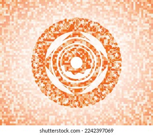 donut icon inside abstract emblem, orange mosaic background. 