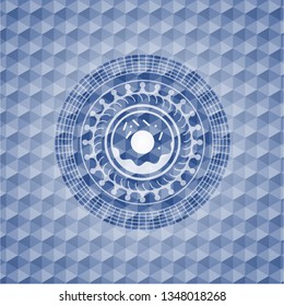donut icon inside blue badge with geometric pattern.