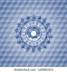 donut icon inside blue emblem with geometric pattern background.