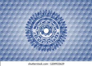 donut icon inside blue emblem or badge with geometric pattern background.