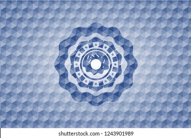 donut icon inside blue emblem or badge with abstract geometric polygonal pattern background.