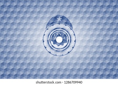 donut icon inside blue emblem with geometric pattern.