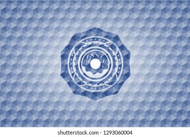 donut icon inside blue emblem with geometric pattern.