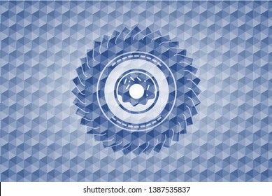 donut icon inside blue emblem with geometric pattern.