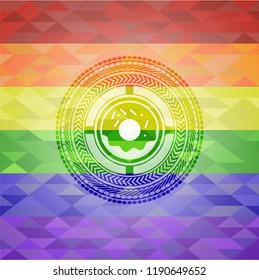 donut icon inside emblem on mosaic background with the colors of the LGBT flag