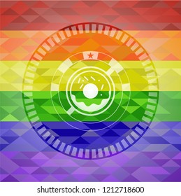 donut icon inside emblem on mosaic background with the colors of the LGBT flag