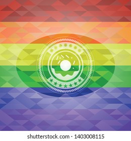 donut icon inside emblem on mosaic background with the colors of the LGBT flag