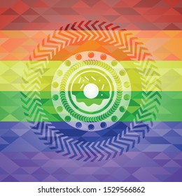 donut icon inside emblem on mosaic background with the colors of the LGBT flag