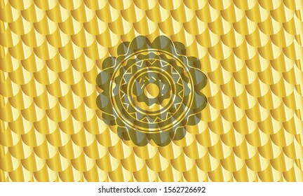 donut icon inside gold badge or emblem. Scales pattern. Vector Illustration. Detailed.