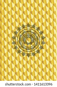 donut icon inside golden badge or emblem. Scales pattern. Vector Illustration. Detailed.