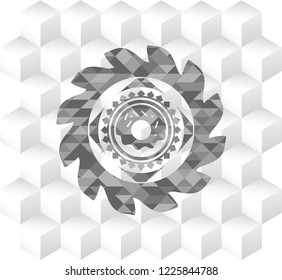 donut icon inside grey badge with geometric cube white background