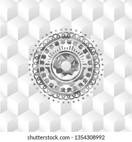 donut icon inside grey badge with geometric cube white background