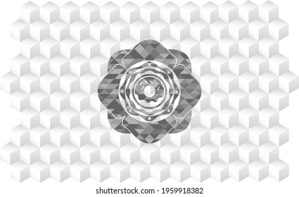 donut icon inside grey badge with geometric cube white background. 