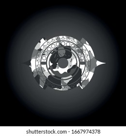 donut icon inside grey camouflaged emblem