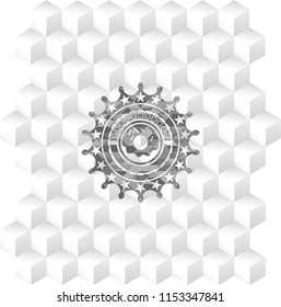 donut icon inside grey emblem. Retro with geometric cube white background