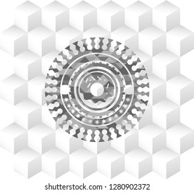 donut icon inside grey emblem. Retro with geometric cube white background
