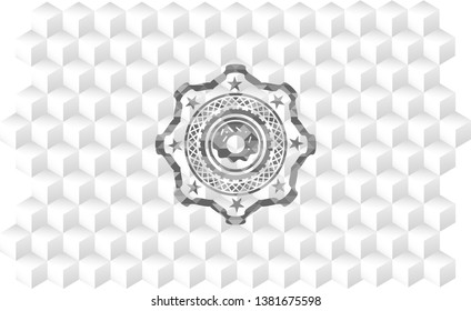 donut icon inside grey emblem. Vintage with geometric cube white background