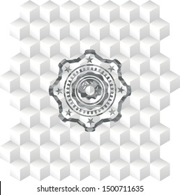 donut icon inside grey icon or emblem with geometric cube white background