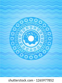 donut icon inside light blue water emblem background.