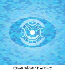 donut icon inside light blue emblem with mosaic ecological style background