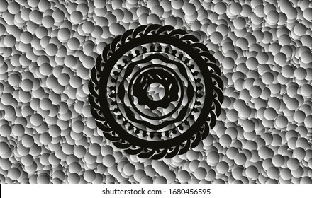 donut icon inside realistic dark emblem with grey bubbles background. Vector Illustration. Detailed.