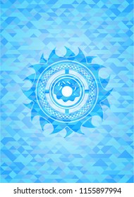 donut icon inside realistic sky blue emblem. Mosaic background