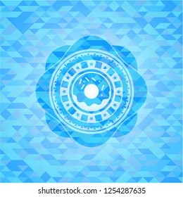 donut icon inside realistic sky blue emblem. Mosaic background