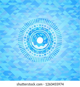 donut icon inside realistic sky blue emblem. Mosaic background