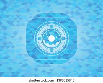 donut icon inside realistic sky blue emblem. Mosaic background
