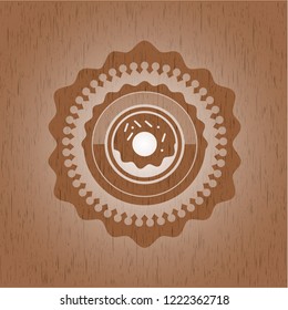 donut icon inside realistic wooden emblem