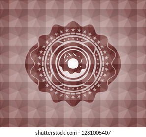 donut icon inside red badge with geometric pattern. Seamless.