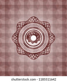 donut icon inside red emblem with geometric pattern background. Seamless.