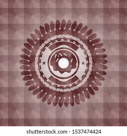 donut icon inside red emblem or badge with abstract geometric pattern background. Seamless.