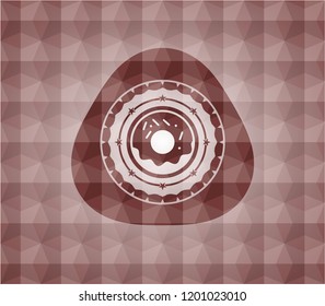donut icon inside red seamless badge with geometric pattern.