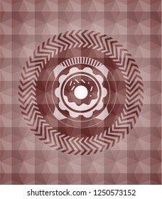 donut icon inside red seamless emblem or badge with abstract geometric polygonal pattern background.