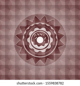 donut icon inside red seamless emblem or badge with abstract geometric pattern background.