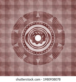 donut icon inside red seamless badge with geometric pattern background. 