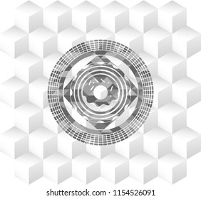 donut icon inside retro style grey emblem with geometric cube white background