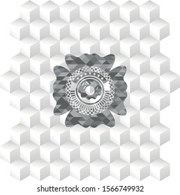 donut icon inside retro style grey emblem with geometric cube white background