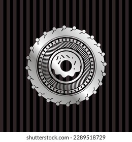 donut icon inside silvery badge or emblem. 