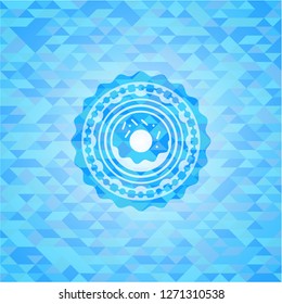 donut icon inside sky blue emblem with mosaic ecological style background