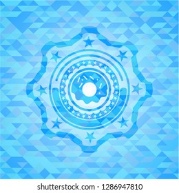 donut icon inside sky blue emblem with triangle mosaic background