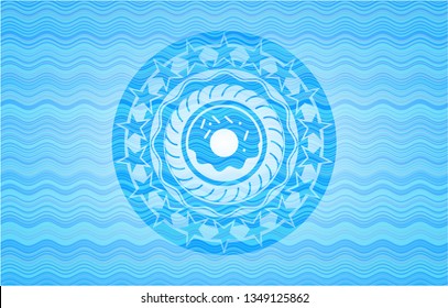donut icon inside sky blue water wave style badge.