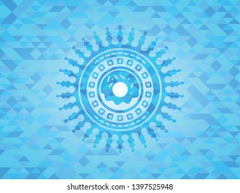 donut icon inside sky blue emblem. Mosaic background