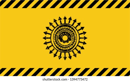 donut icon inside warning sign, black grunge emblem. Vector Illustration. Detailed.