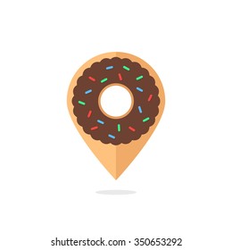 donut icon like location pin. concept of donation, fast delivery meal, nutrition, culinary, unhealthy diet. isolated on white background. flat style trend modern logotype design vector illustration