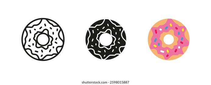 Donut icon. Round pastry with frosting and sprinkles vector illustration. Sweet and delicious bakery symbol. Glazed treat pictogram. Indulgent dessert and snack concept.