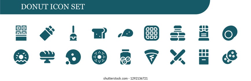  donut icon set. 18 filled donut icons. Simple modern icons about  - Chocolate, Cake pop, Sandwich, Snack, Waffle, Macaron, Gummy, Doughnut, Baguette, Cookie, Cookies, Crepe