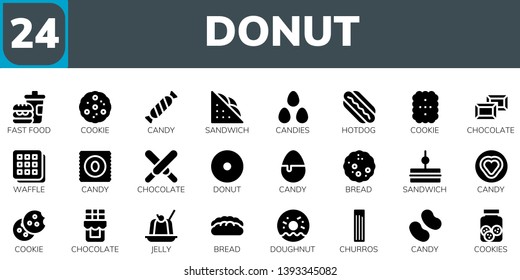 donut icon set. 24 filled donut icons.  Simple modern icons about  - Fast food, Cookie, Candy, Sandwich, Candies, Hotdog, Chocolate, Waffle, Donut, Bread, Jelly, Doughnut, Churros